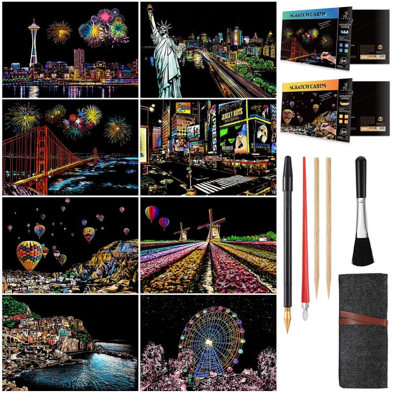 MIASTAR Scratch Painting Kits for Adults Teens Rainbow Painting Night View ScratchboardA4 Crafts Set 8 Sheets Scratch Cards with 5 tools in Bag New York Statue of Liberty SeattleAmerica Europe - Image 4