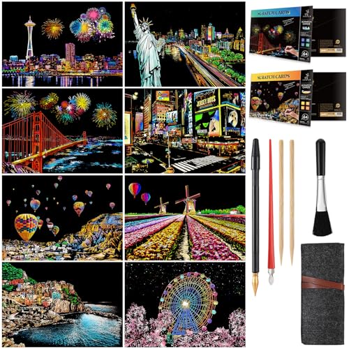 MIASTAR Scratch Painting Kits for Adults Teens Rainbow Painting Night View ScratchboardA4 Crafts Set 8 Sheets Scratch Cards with 5 tools in Bag New York Statue of Liberty SeattleAmerica Europe - Image 1