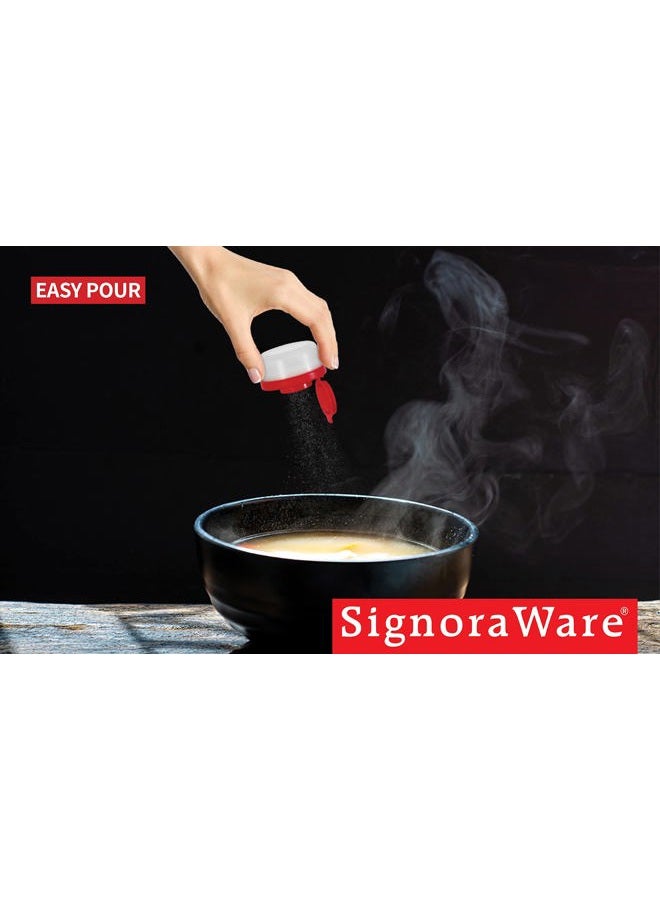 Signoraware Salt and Pepper Shakers Moisture Proof Set of 2 Small Mini Salt Shaker to go Camping Picnic Outdoors Kitchen Lunch Boxes Travel Spice Set Clear with Red Covers Plastic Airtight Spice Jar Dispenser - Image 5