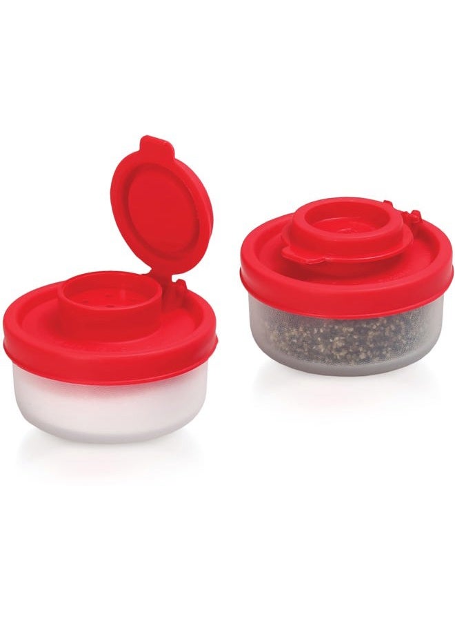 Signoraware Salt and Pepper Shakers Moisture Proof Set of 2 Small Mini Salt Shaker to go Camping Picnic Outdoors Kitchen Lunch Boxes Travel Spice Set Clear with Red Covers Plastic Airtight Spice Jar Dispenser - Image 1