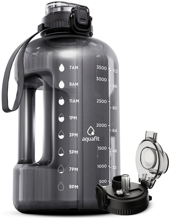 1 GALLON WATER JUG WITH TIME MARKER 2IN1 STRAW CHUG LID BPA FREE BIG WATER BOTTLE WITH HANDLE GYM WATER BOTTLE GRAY 128 OZ 2IN1 LID