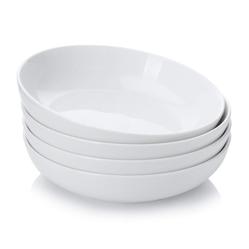 Teocera Pasta Bowls Large Salad Bowls Porcelain Bowl Set Wide and Shallow Microwave and Dishwasher Safe 35 Ounce  Set of 4 White