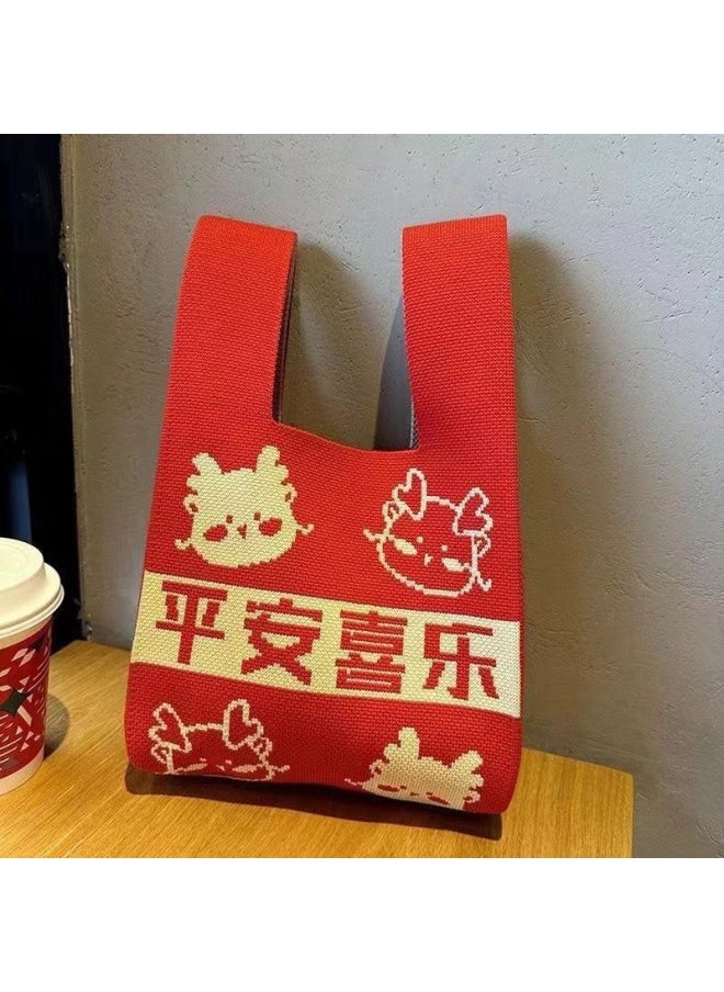 Generic - 2025 Year Of The Snake Year Festive Knitted Bag Happy Shop Wedding Hand Gift Wrist Bag Happy Year-Color:Handbag Four Little Bears - Image 1