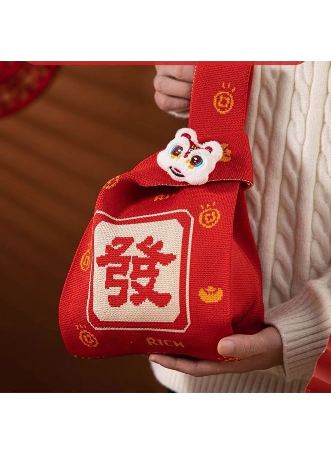 Generic - 2025 Year Of The Snake Year Festive Knitted Bag Happy Shop Wedding Hand Gift Wrist Bag Happy Year-Color:Handbag Four Little Bears - Image 1