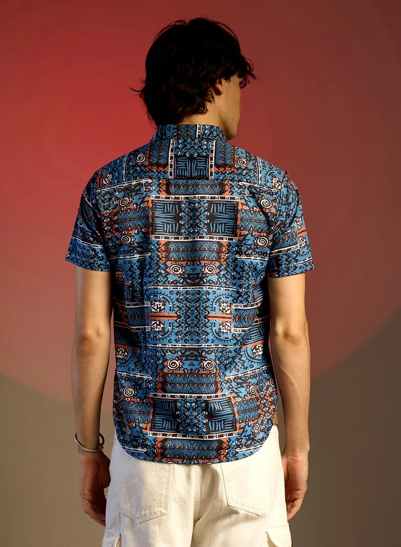 Campus Sutra Men's Icy Blue Artistic Bohemian Shirt