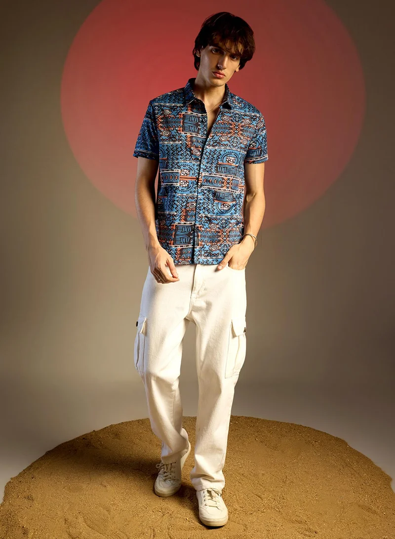 Campus Sutra Men's Icy Blue Artistic Bohemian Shirt
