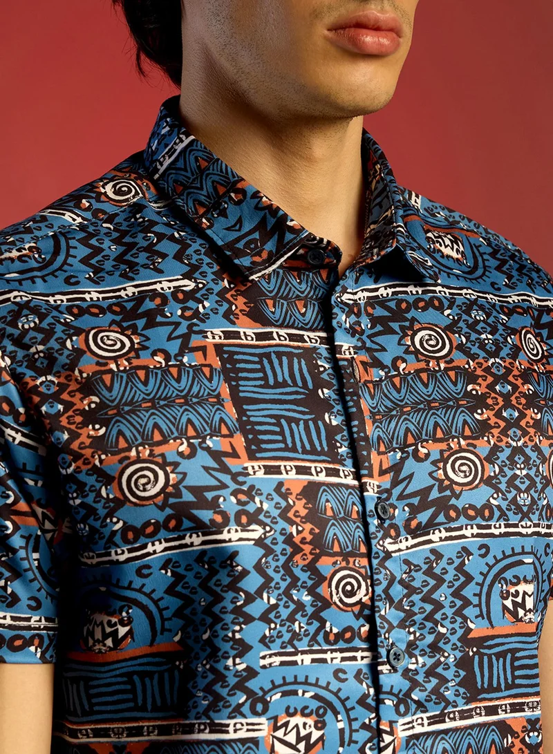 Campus Sutra Men's Icy Blue Artistic Bohemian Shirt