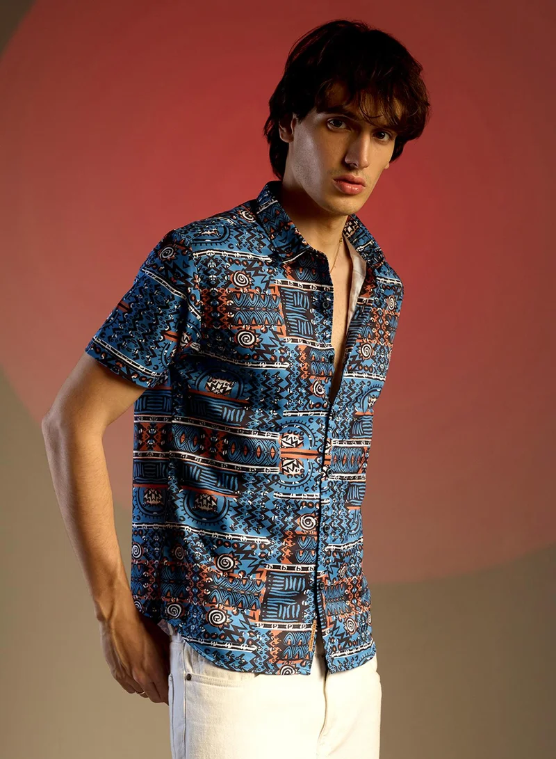 Campus Sutra Men's Icy Blue Artistic Bohemian Shirt