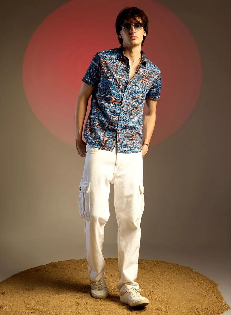 Campus Sutra Men's Icy Blue Artistic Bohemian Shirt