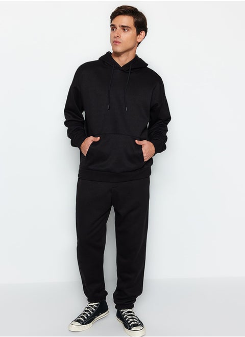Black Oversize/Wide Cut Basic Cotton Tracksuit with Elasticized Legs and Fleece Inside TMNAW24EM00002