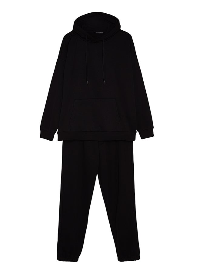 Black Oversize/Wide Cut Basic Cotton Tracksuit with Elasticized Legs and Fleece Inside TMNAW24EM00002