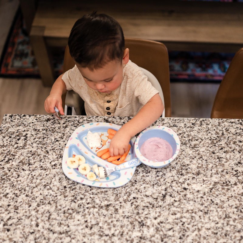 The First Years Bluey 4-Piece Place Setting - BPA Free Dishwasher Safe Toddler Dinnerware Set with Divided Plate, Bowl, Fork, Spoon - Multicolor - Image 3