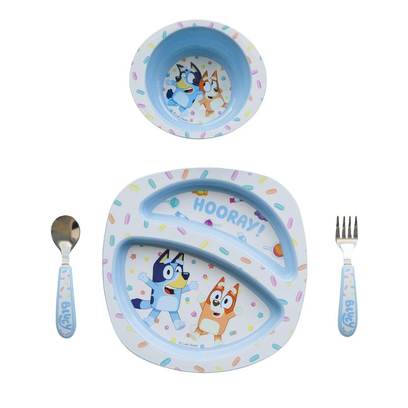 The First Years Bluey 4-Piece Place Setting - BPA Free Dishwasher Safe Toddler Dinnerware Set with Divided Plate, Bowl, Fork, Spoon - Multicolor - Image 1