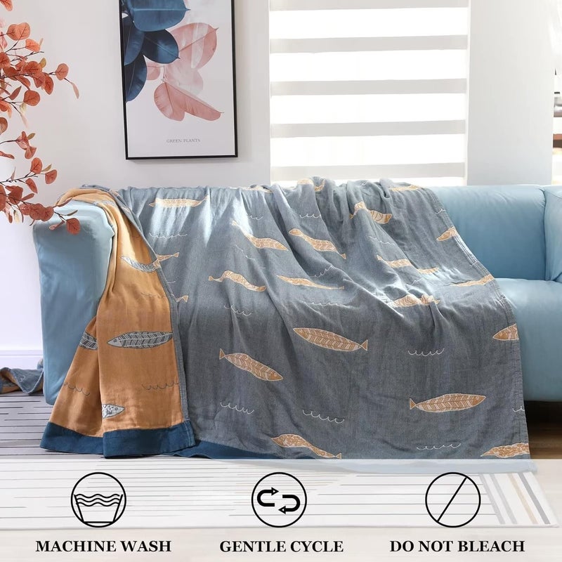 LUTBM Boho Throw Blanket for Bed - 100% Cotton Ultra Soft Rustic Quilt Spring Blanket - Fish Printed Farmhouse Decor Bed Blankets,60"×80" All Season Rustic Throw for Sofa Couch Chair - Image 4