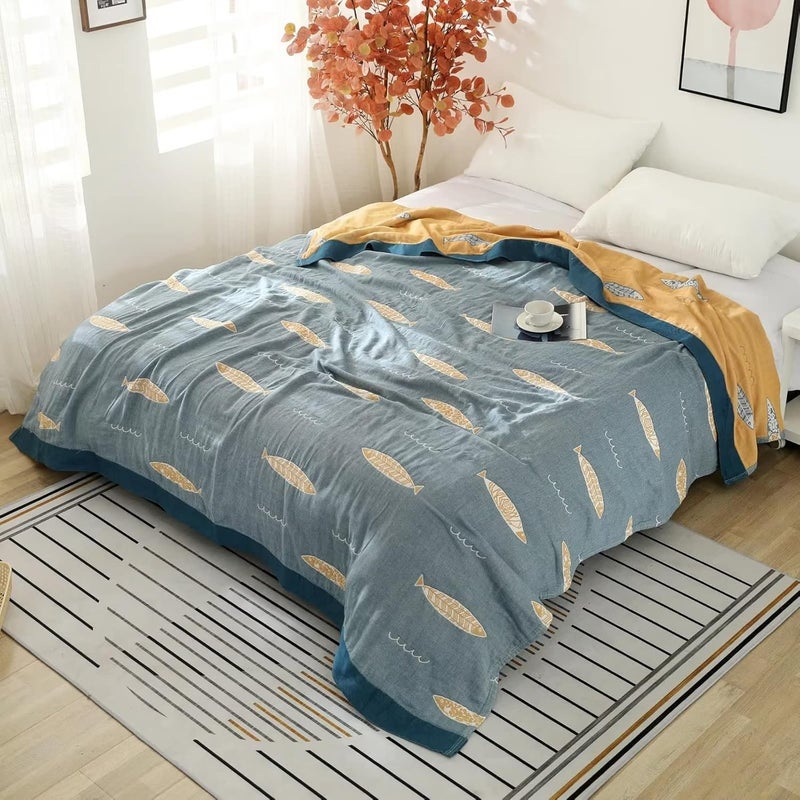LUTBM Boho Throw Blanket for Bed - 100% Cotton Ultra Soft Rustic Quilt Spring Blanket - Fish Printed Farmhouse Decor Bed Blankets,60"×80" All Season Rustic Throw for Sofa Couch Chair - Image 2