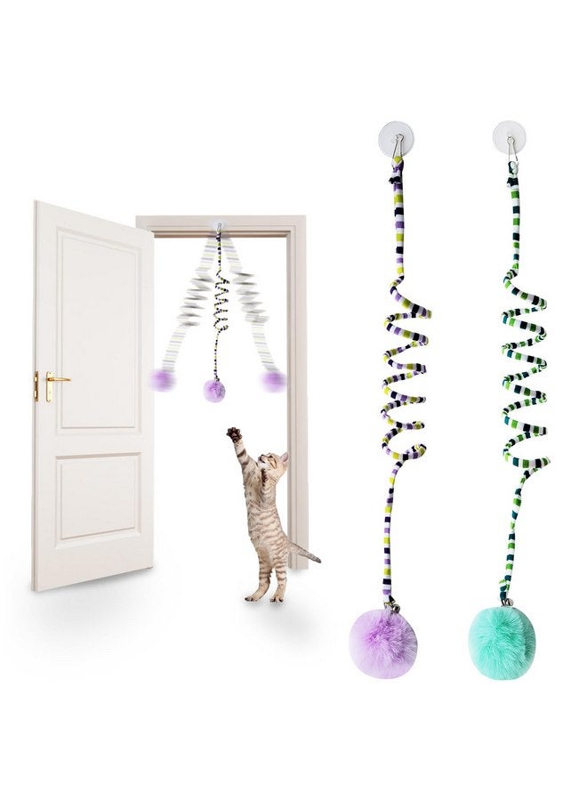 Andiker Cat Spring Toy, Self-Play Stretchable Door Hanging Cat Toy with Bell for Indoor Interactive Cat Toy, Soft Plush Ball with Spring Kitten Toy for Cat Kitten Playing Exercising (Green+Purple) - Image 1