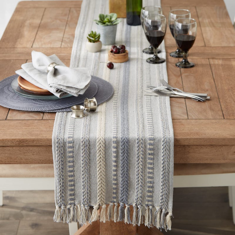 DII Farmhouse Braided Stripe Table Runner Collection, 15x72 (15x77, Fringe Included), Cool Gray - Image 4