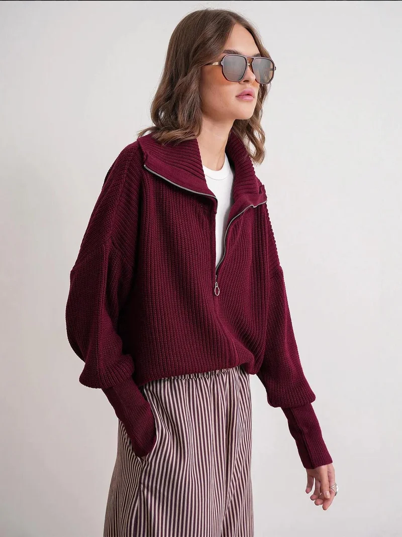 MixRay Mixray Zipped Collar Oversize Textured Knit Cardigan