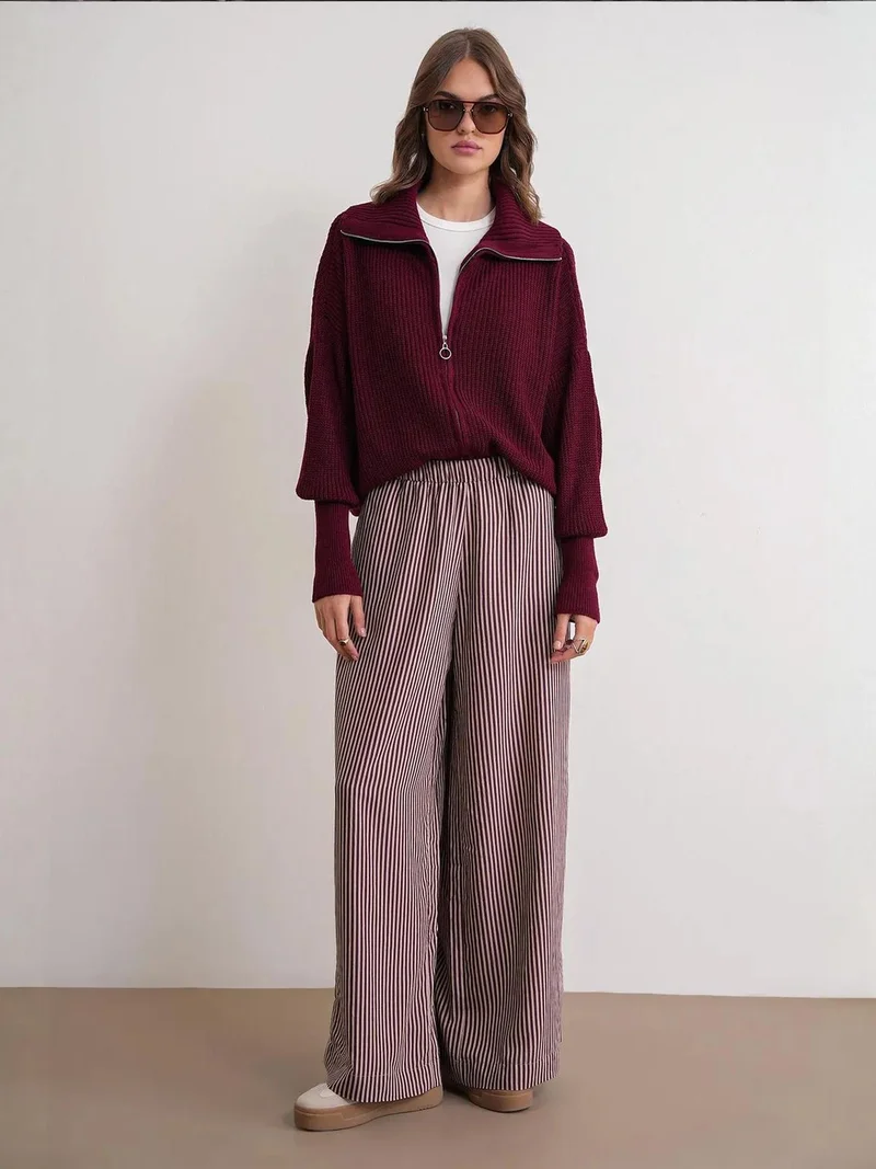 MixRay Mixray Zipped Collar Oversize Textured Knit Cardigan