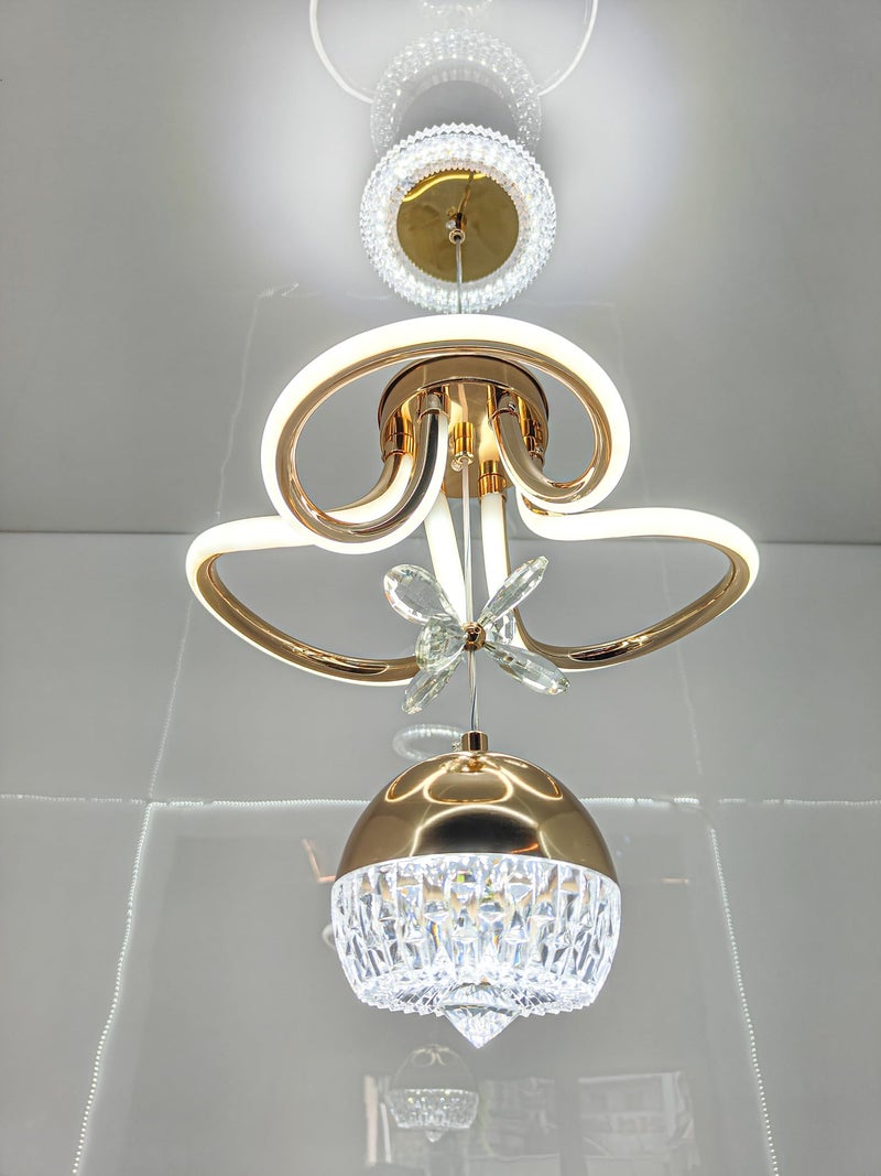 swanart Elegant Gold and Crystal LED Ceiling Light, Adjustable Height Modern Chandelier with Crystal Globe Pendant, Ideal for Living Rooms, Dining Areas, and Bedrooms - 3-Color Change - Image 3