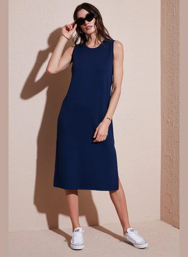 ليلا Lela Regular Fit Crew Neck Slit Detail Basic Midi Dress Women's Dress 5866160