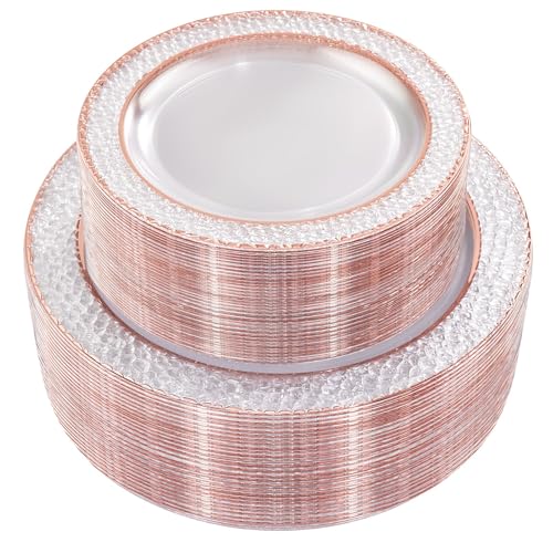 Joyido 102PCS Rose Gold Plastic Plates - Clear Rose Gold Disposable Plates Include 51PCS 7.5inch Dessert Plate 51PCS 10.25inch Dinner Plate Perfect for Weddings Parties - Image 1