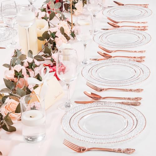 Joyido 102PCS Rose Gold Plastic Plates - Clear Rose Gold Disposable Plates Include 51PCS 7.5inch Dessert Plate 51PCS 10.25inch Dinner Plate Perfect for Weddings Parties - Image 5