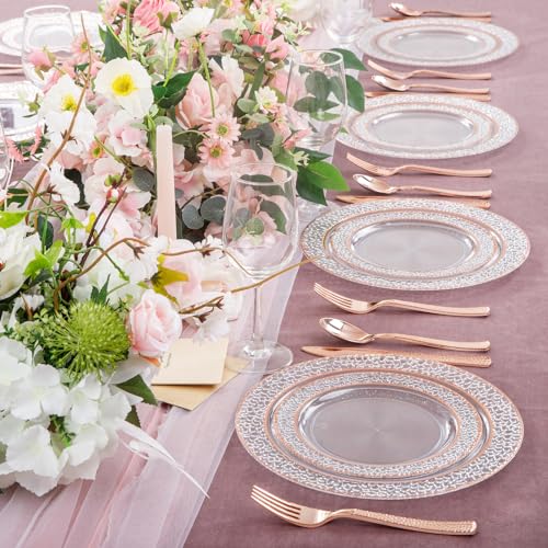Joyido 102PCS Rose Gold Plastic Plates - Clear Rose Gold Disposable Plates Include 51PCS 7.5inch Dessert Plate 51PCS 10.25inch Dinner Plate Perfect for Weddings Parties - Image 4