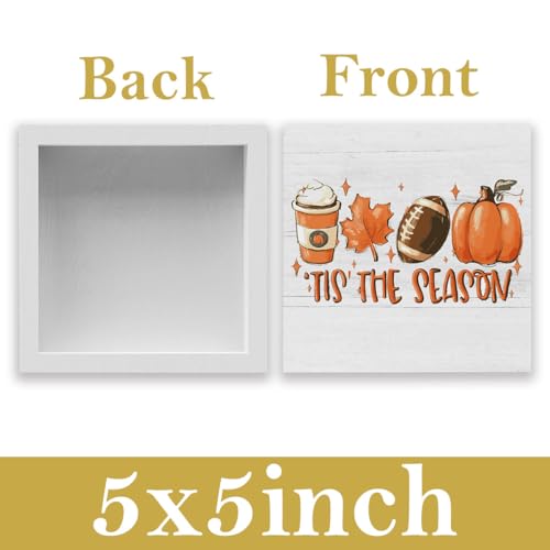 WRSUNT Rustic Tis' the Season Pumpkin Wood Box Sign, Farmhouse Retro Fall Artwork Decor, Autumn Harvest Thanksgiving Wooden Square Sign Desk Block Signs Home Shelf Office Decoration 5 x 5 Inches - Image 2