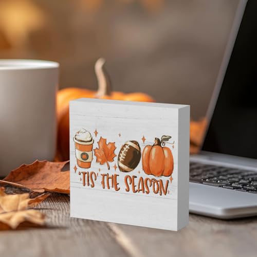 WRSUNT Rustic Tis' the Season Pumpkin Wood Box Sign, Farmhouse Retro Fall Artwork Decor, Autumn Harvest Thanksgiving Wooden Square Sign Desk Block Signs Home Shelf Office Decoration 5 x 5 Inches - Image 4