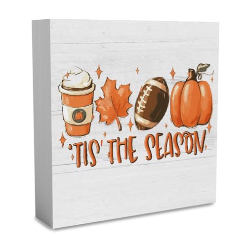 WRSUNT Rustic Tis' the Season Pumpkin Wood Box Sign, Farmhouse Retro Fall Artwork Decor, Autumn Harvest Thanksgiving Wooden Square Sign Desk Block Signs Home Shelf Office Decoration 5 x 5 Inches - Image 1