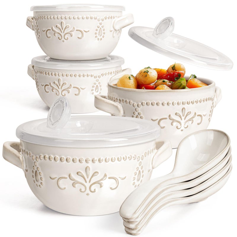 Artena French Onion Soup Bowls with Handles and lids & Spoons, 20 Oz Ceramic Soup Crocks Oven Safe Serving Bowls for Chili, Beef Stew, Cereal, Pot Pies, Embossment, Set of 4, White (Damask Floral) - Image 1