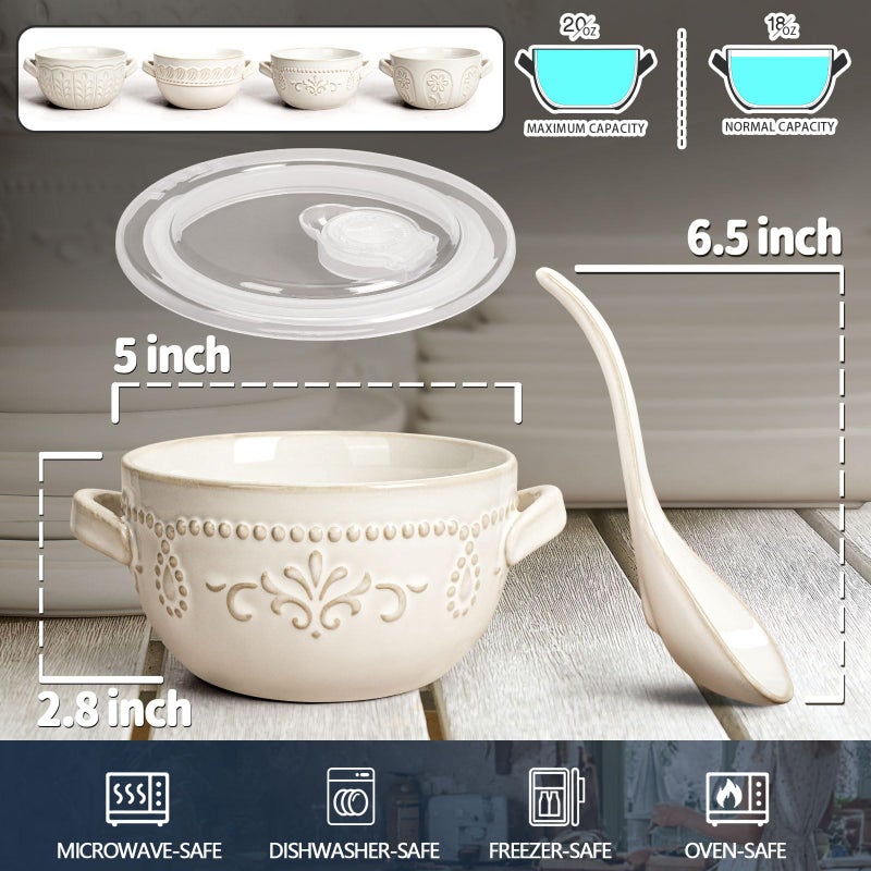 Artena French Onion Soup Bowls with Handles and lids & Spoons, 20 Oz Ceramic Soup Crocks Oven Safe Serving Bowls for Chili, Beef Stew, Cereal, Pot Pies, Embossment, Set of 4, White (Damask Floral) - Image 5