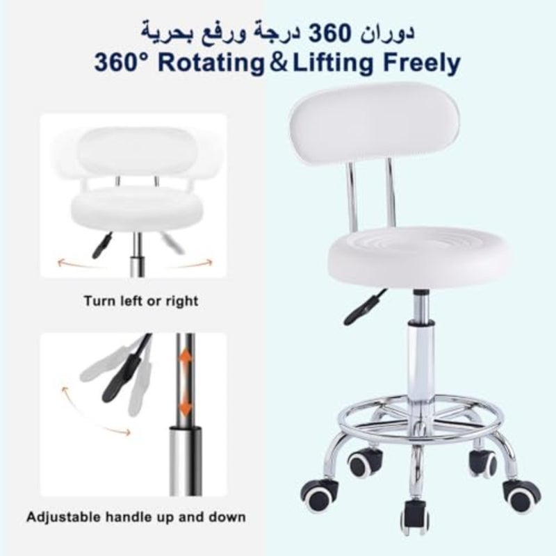 Round Rolling Stool Chair, PU Leather 360° Swivel Stool 5 Wheels Height Adjustable 42-56CM, Removable Backrest, Beauty SPA Salon Seat for Office Home Counter Makeup Drafting Lab Studio Shop - Image 5