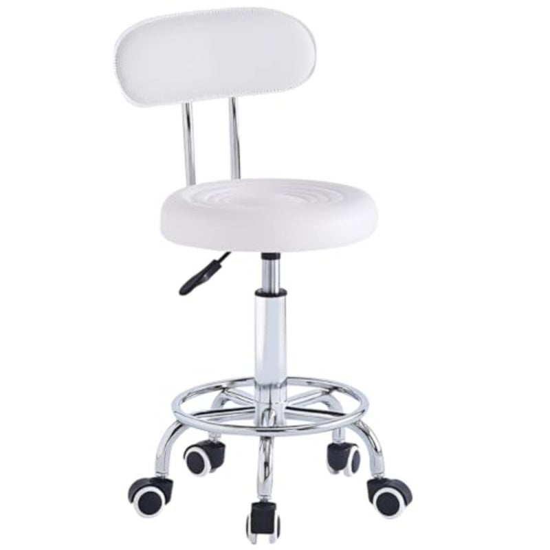 Round Rolling Stool Chair, PU Leather 360° Swivel Stool 5 Wheels Height Adjustable 42-56CM, Removable Backrest, Beauty SPA Salon Seat for Office Home Counter Makeup Drafting Lab Studio Shop - Image 1