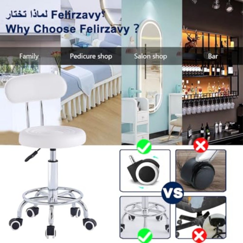 Round Rolling Stool Chair, PU Leather 360° Swivel Stool 5 Wheels Height Adjustable 42-56CM, Removable Backrest, Beauty SPA Salon Seat for Office Home Counter Makeup Drafting Lab Studio Shop - Image 3