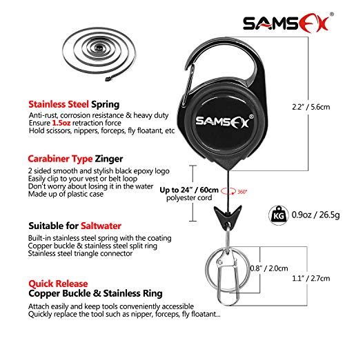 SAMSFX Fly Fishing Zinger Retractor for Anglers Vest Pack Tool Gear Assortment Combo 3pcs in Pack (Carabiner Retractors, 24" Nylon Cord) - Image 2