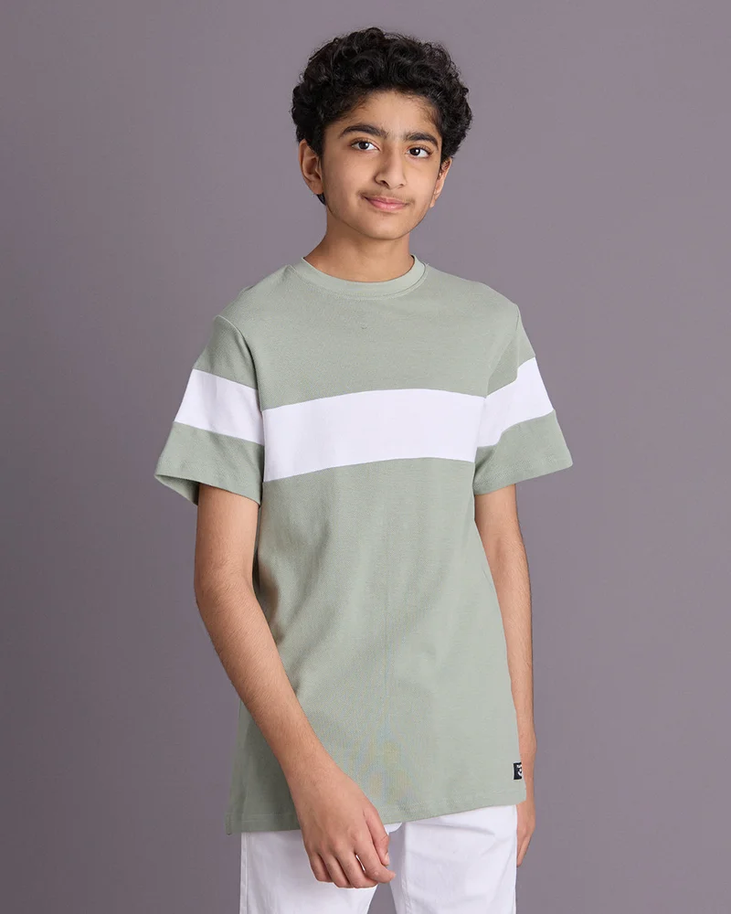 Redtag Senior Boys Green Cut And Sew T-Shirt