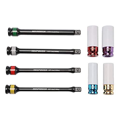 MIXPOWER 1/2-inch Drive Wheel Protector Impact Socket& 8 inch Coded Torque Limiting Socket Extension Bar 8pcs Tire Deep Socket Set, Color-Coded, 80 to 150 Ft-Lbs (110-200 Nm) - Image 2