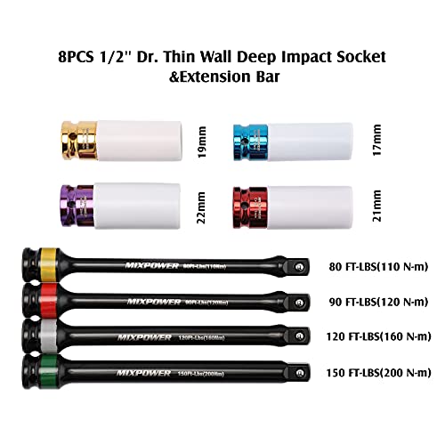 MIXPOWER 1/2-inch Drive Wheel Protector Impact Socket& 8 inch Coded Torque Limiting Socket Extension Bar 8pcs Tire Deep Socket Set, Color-Coded, 80 to 150 Ft-Lbs (110-200 Nm) - Image 3