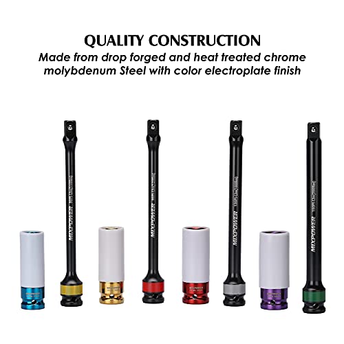 MIXPOWER 1/2-inch Drive Wheel Protector Impact Socket& 8 inch Coded Torque Limiting Socket Extension Bar 8pcs Tire Deep Socket Set, Color-Coded, 80 to 150 Ft-Lbs (110-200 Nm) - Image 4