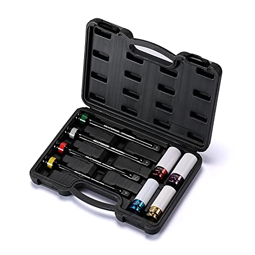 MIXPOWER 1/2-inch Drive Wheel Protector Impact Socket& 8 inch Coded Torque Limiting Socket Extension Bar 8pcs Tire Deep Socket Set, Color-Coded, 80 to 150 Ft-Lbs (110-200 Nm) - Image 1