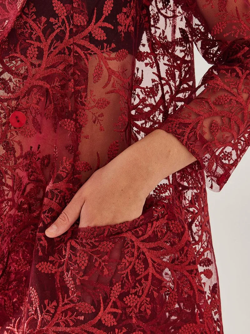 Bianco Lucci LUCCI Long Embroidered Two-Piece Set with Shawl Collar