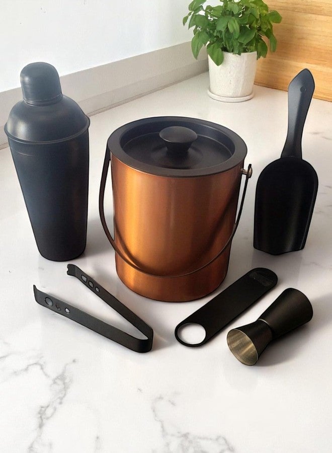 Proniks 6-Piece Cocktail Bar Set, Copper Ice Bucket with Black Barware Tools, 1.5 Litre Capacity - Image 1