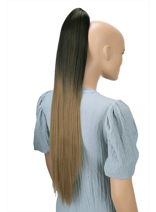 CAISHA by PRETTYSHOP 28" Extra Long Straight Ponytail Hairpiece Heat-resistant Synthetic Fibres Ombré Black Brown H115 - Image 1