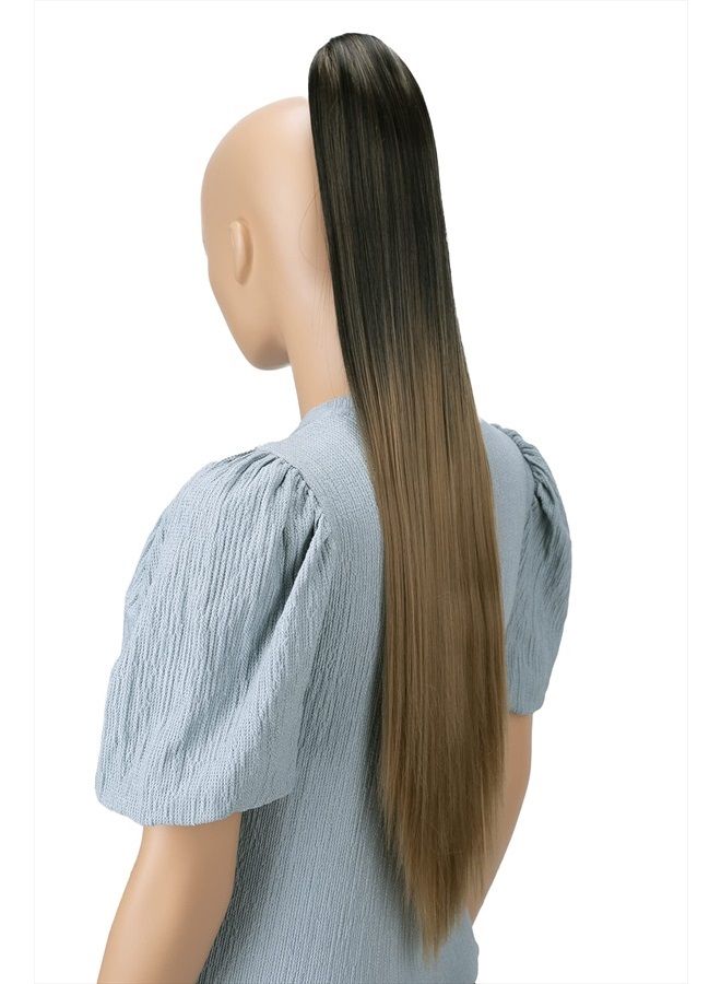 CAISHA by PRETTYSHOP 28" Extra Long Straight Ponytail Hairpiece Heat-resistant Synthetic Fibres Ombré Black Brown H115 - Image 3