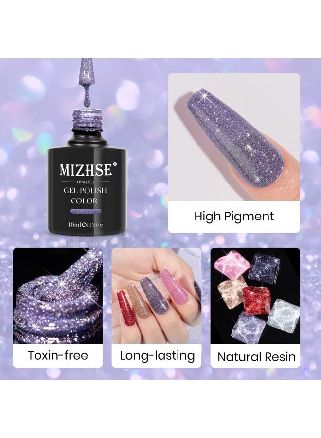 MIZHSE طلاء أظافر جل لامع عاكس، مجموعة طلاء جل لامع هولوجرافيك، طلاء أظافر لامع متلألئ، مجموعة أدوات فن الأظافر مانكير UV/LED - Image 3