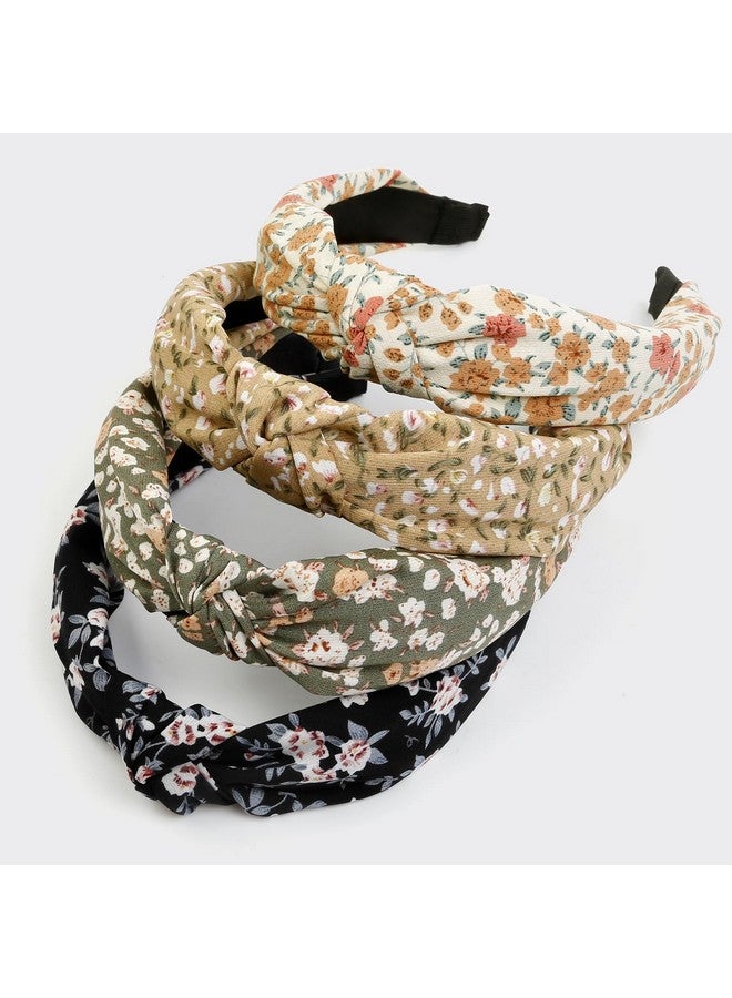 Headbands For Women And Girls, 4 Packs Fashion Flower Printed Knotted Head Bands For Women’ S Hair, Non Slip Boho Wide Thick Top Knot Hairbands, Womens Trendy Hair Accessories