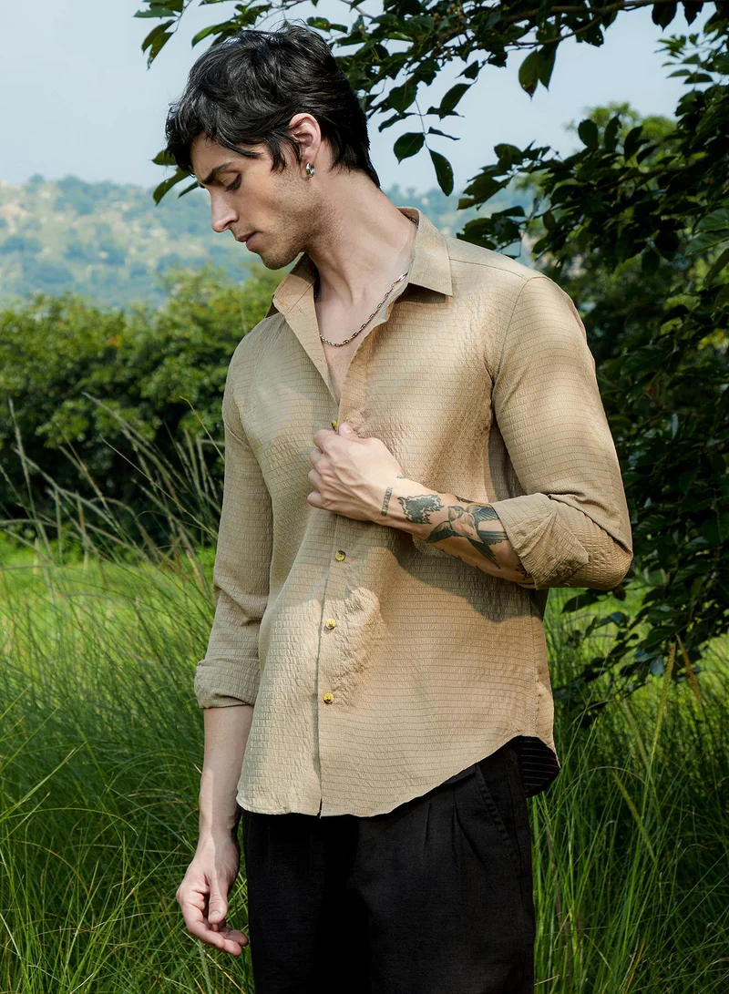 Campus Sutra Men's Buff Beige Ruche-Textured Shirt