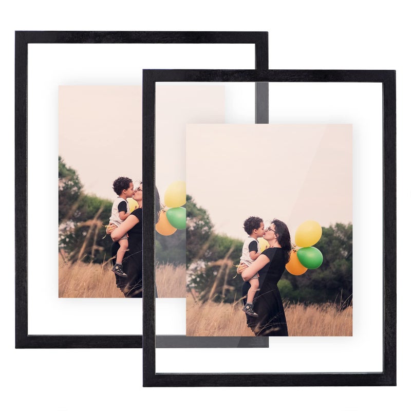 DLQuarts 11x14 Floating Photo Picture Frame Floating Display for Photos 8x107x9 5x7 or Full Display for 11x14 Photos Solid Wood Double Glass 2 Pack Black